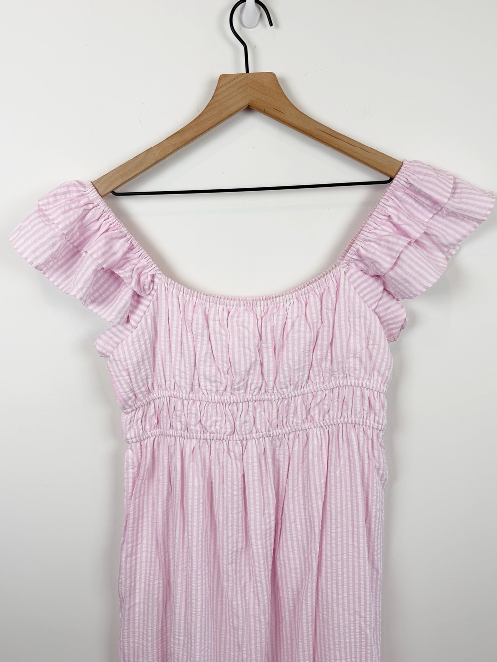 Altar’d State Pink and White Seersucker Ruffle Sleeve Tiered Maxi Summer Dress - Picture 4 of 10